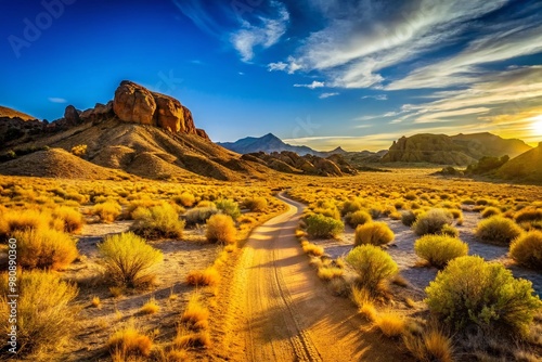 Golden dusty trail winds through serene arid landscape, sparse vegetation and rocky outcroppings punctuating the warm, photo