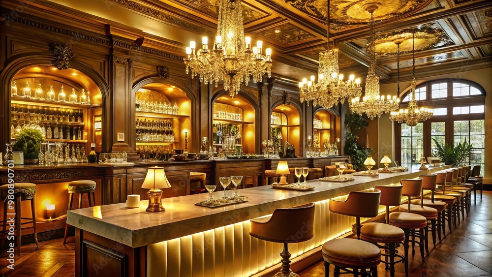 Golden-hued evening ambiance at an upscale eatery featuring white linens, fine china, and ornate chandeliers, with rows Golden-hued evening ambiance at an upscale eatery featuring white linens, fine china, and ornate chandeliers, with rows