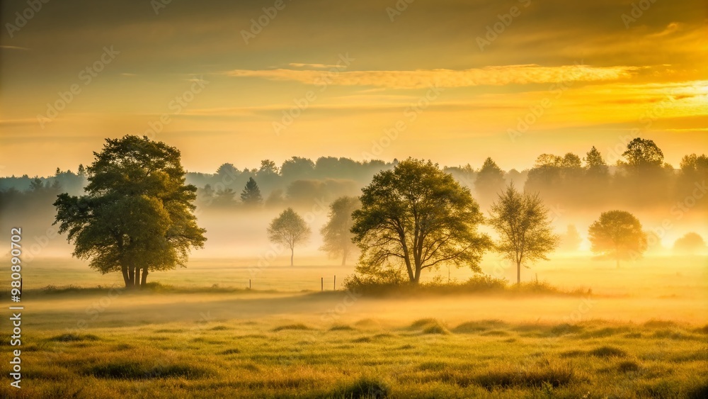 Serene foggy field with distant trees beneath a soft yellow sky, evoking a dreamy atmosphere of tranquility and peacefulness in a natural landscape setting. Serene foggy field with distant trees beneath a soft yellow sky, evoking a dreamy atmosphere of tranquility and peacefulness in a natural landscape setting.