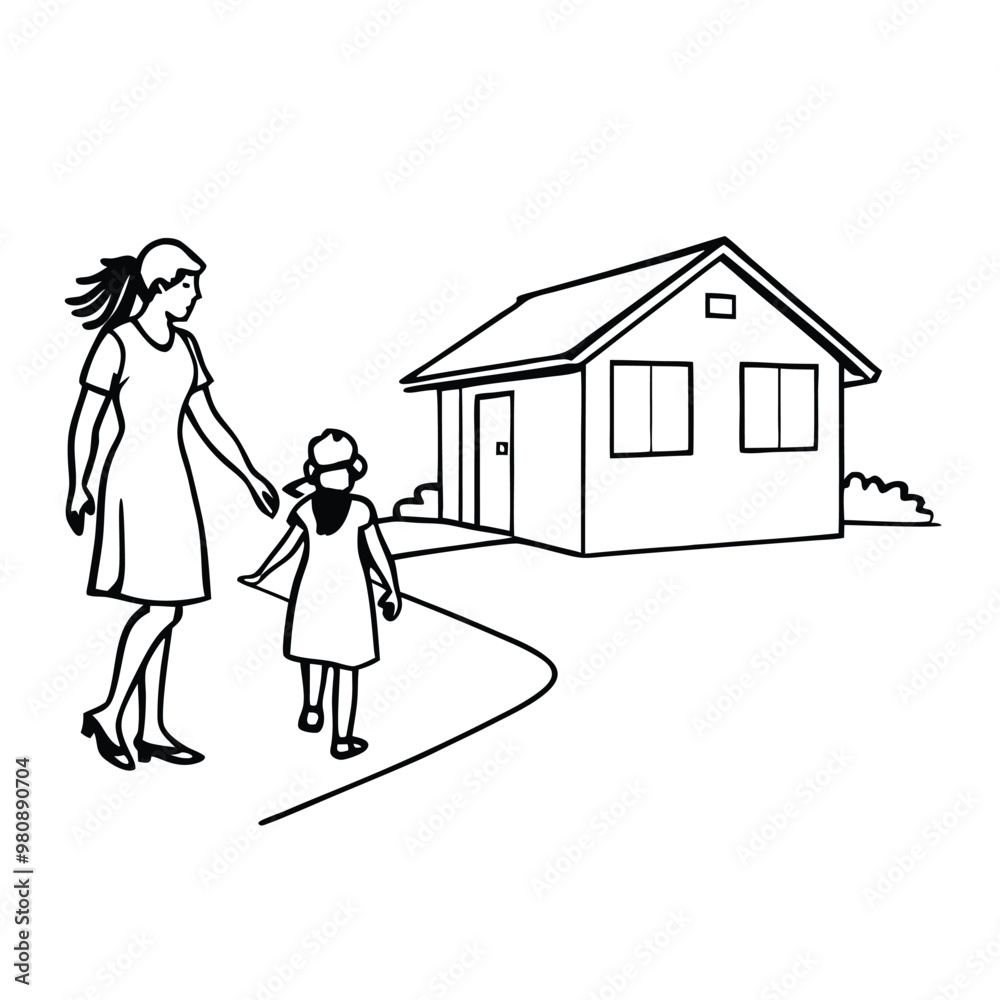 a Mother and daughter walking together to their house. vector art silhouette illustration, isolated white background a Mother and daughter walking together to their house. vector art silhouette illustration, isolated white background