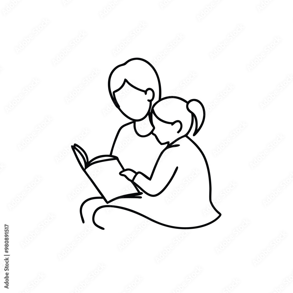 a young mother reading book to daughter . vector art silhouette, isolated white background a young mother reading book to daughter . vector art silhouette, isolated white background