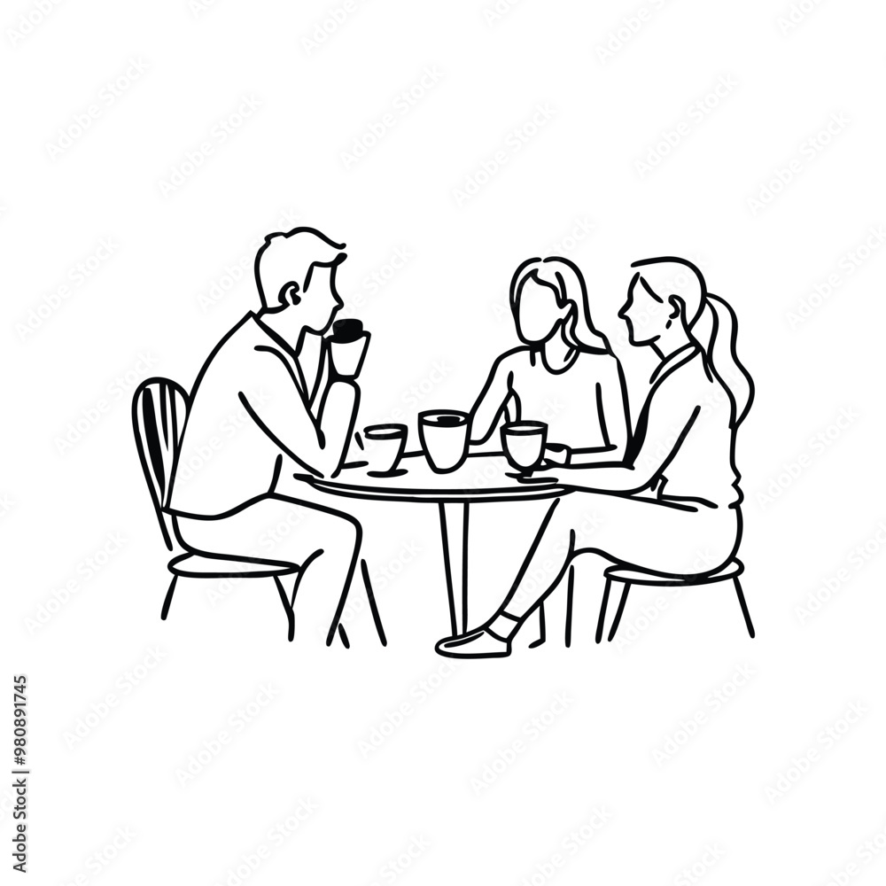 three friends talking and drinking coffee in a cafe, vector black color silhouette three friends talking and drinking coffee in a cafe, vector black color silhouette