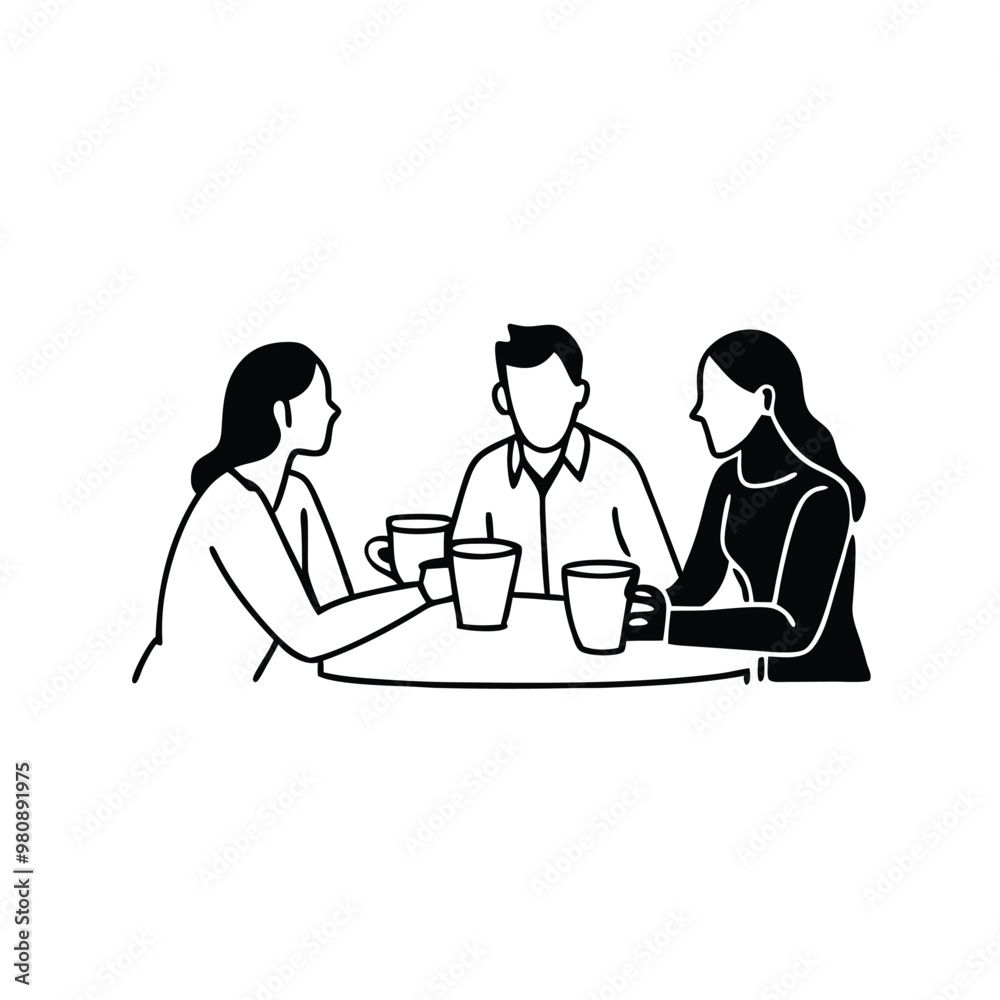 three friends talking and drinking coffee in a cafe, vector black color silhouette three friends talking and drinking coffee in a cafe, vector black color silhouette
