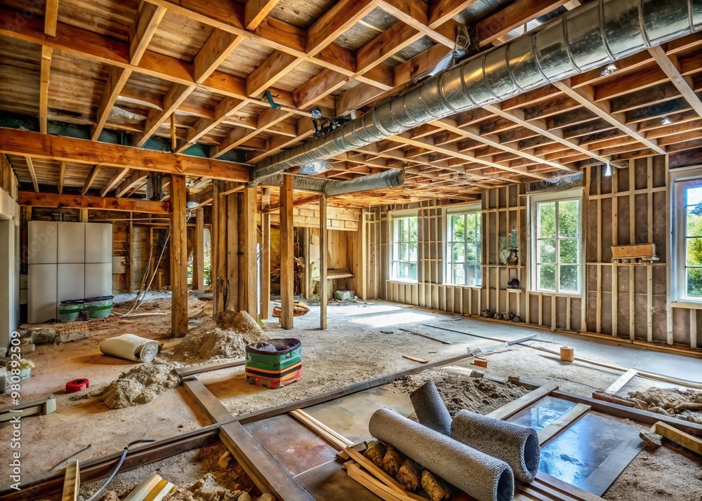 Gutted interior of a large suburban home undergoing extensive renovation, with exposed ductwork, insulation, and wooden Gutted interior of a large suburban home undergoing extensive renovation, with exposed ductwork, insulation, and wooden