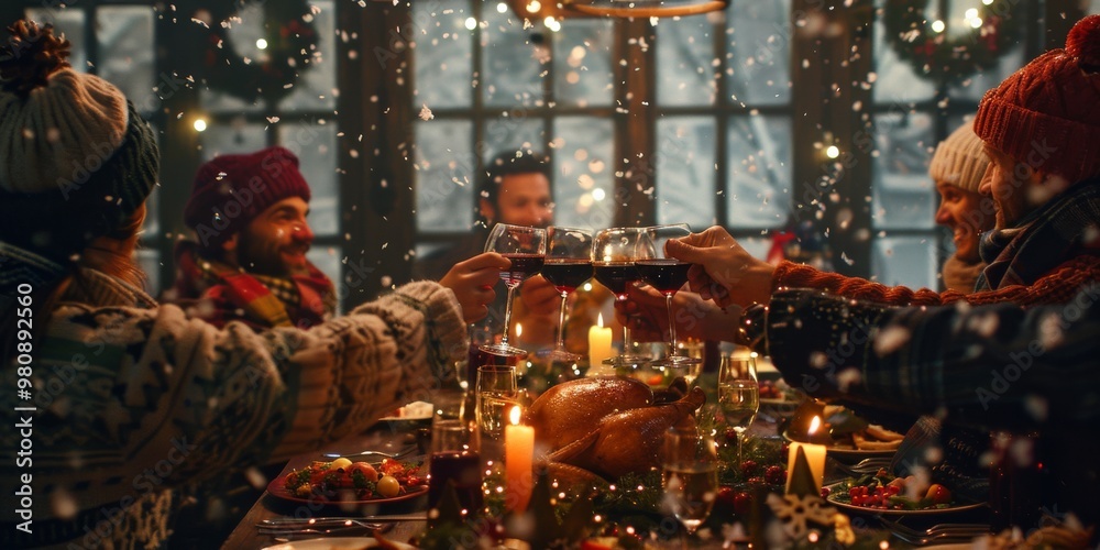 Naklejka premium Enjoy a joyous winter dinner gathering with family in a warm and inviting cabin, filled with love and laughter. Embrace the coziness of the moment in this festive Christmas celebration