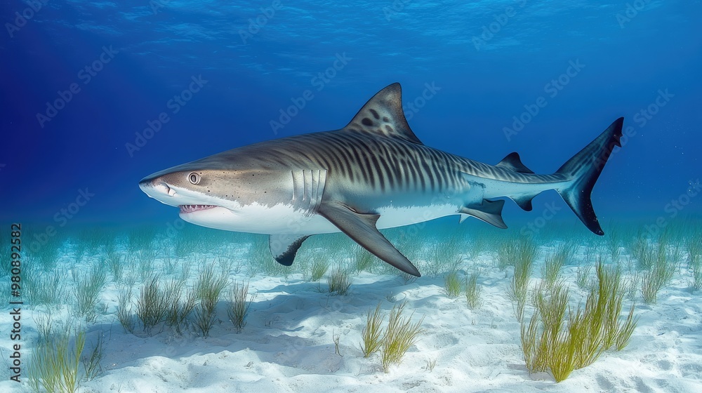 Fototapeta premium A tiger shark moves gracefully near the seabed, its striking stripes and strong presence dominating the underwater scene.