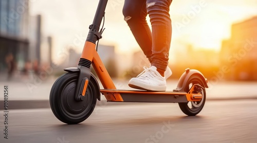 Close-up of a person riding an orange electric scooter through the city at sunset, with motion blur and a modern urban background. photo