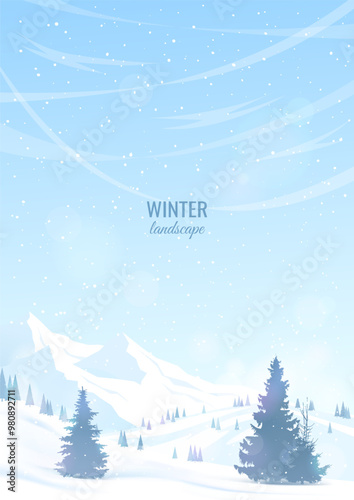 Winter mountain landscape. Hills and trees covered with snow, hilly terrain. Design of postcard, flyer, invitation, cover. The concept of winter walks, hikes, tourist routes.