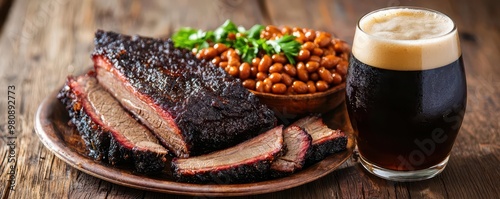 Juicy brisket slices on a platter, with a side of baked beans and a glass of smoky porter beer, set in a rustic setting photo