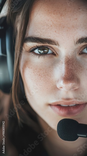 Close-up of a female pilot's face, looking confident and focused, wearing an aviation headset with a microphone, on a white background with soft, natural lighting