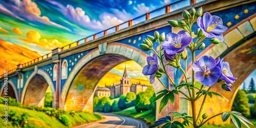 Hidden beneath a quaint bridge, a vintage Polemonium blooms amidst a kaleidoscope of murals, its star-shaped flowers photo