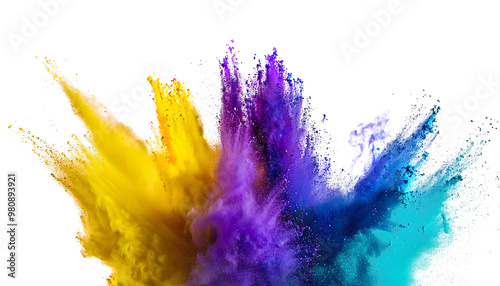 Yellow, purple, blue and teal explosion smoke of holi paint color powder isolated on transparent or white background