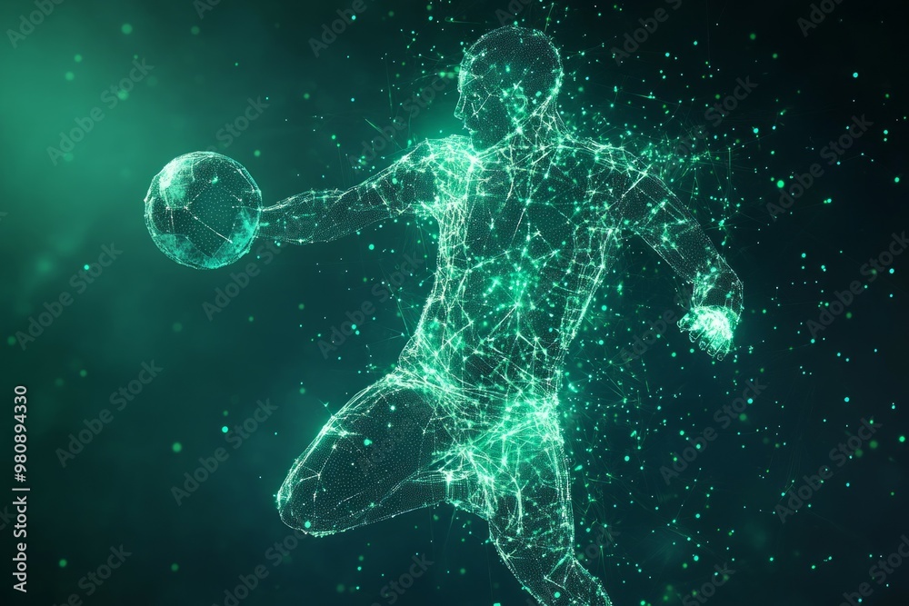 Fototapeta premium Abstract digital blue football player body with polygonal wireframe silhouette and low poly dot anatomy. Technology futuristic soccer man model.