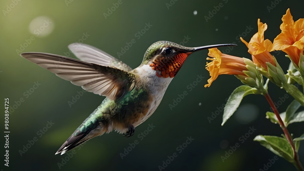 Fototapeta premium A Hummingbird Feeding on Vibrant Orange Flowers in a Lush Garden During Sunny Afternoon Hours