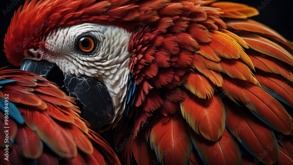 Fototapeta premium Colorful Scarlet Macaw Perched With Vibrant Feathers in a Close-Up Setting on a Dark Background