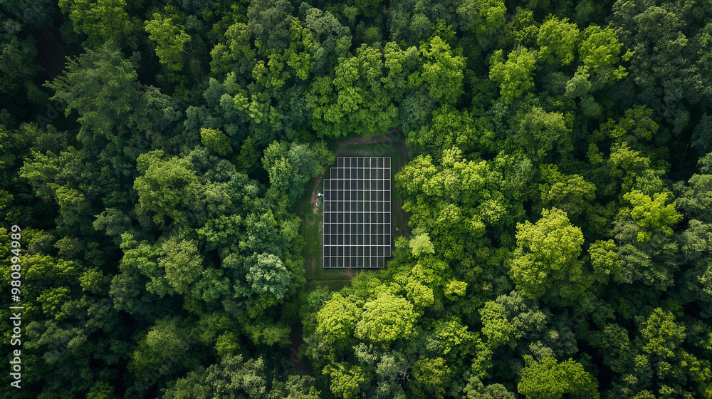 Aerial view of solar panels in forest, showcasing innovative design and sustainable green energy production.