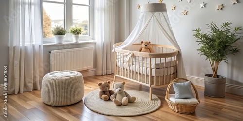 In a serene nursery, a bassinet nestles softly amidst plush blankets and cuddly toys, exuding warmth and tranquility