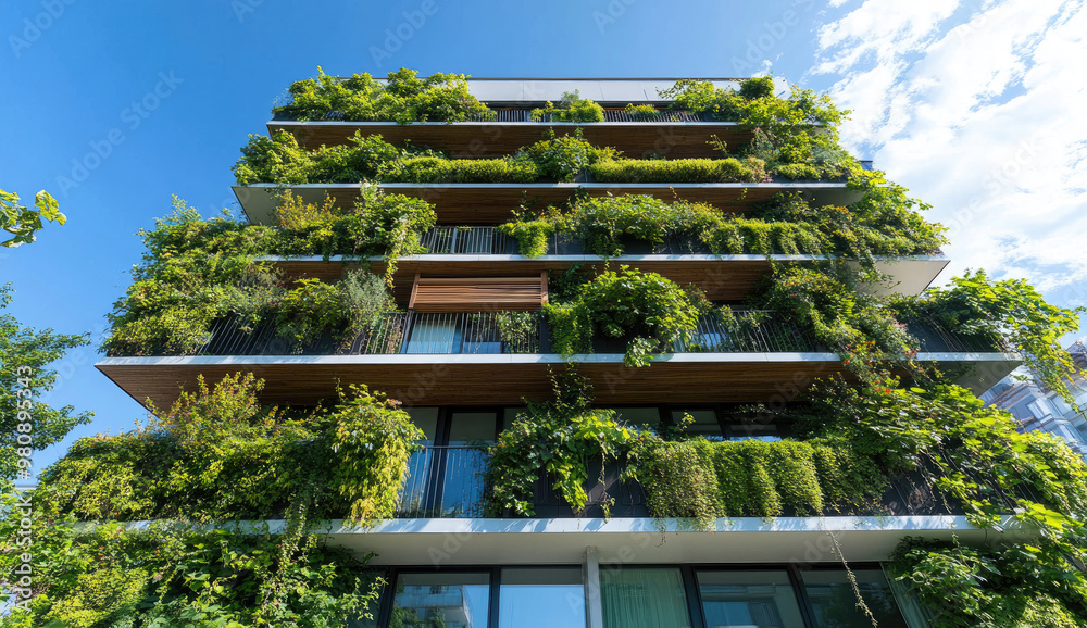 A residential building covered in lush greenery, showcasing the use of living walls for sustainable and eco-friendly architecture