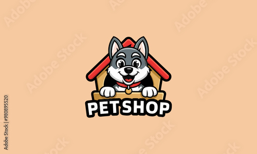 Pet shop logo featuring a happy dog in a doghouse