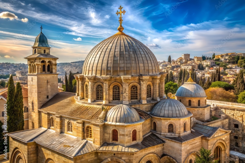 Obraz premium In Jerusalem, a stunning church stands out with its intricately designed onion-shaped dome and Romanesque architecture,
