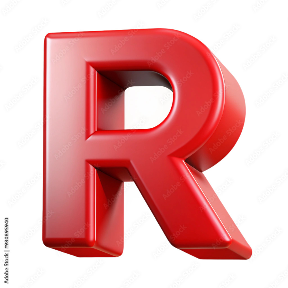 3D rendering of a bold, glossy red letter 'R' with smooth edges, isolated on a white background. 3D rendering of a bold, glossy red letter 'R' with smooth edges, isolated on a white background.
