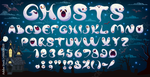 Cartoon spooky Halloween ghosts font or scary typeface and horror evil type, vector funny monster alphabet. Cartoon spooky alphabet for Halloween font with cute ghost characters for scary typeface