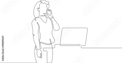 Continuous one line drawing businesswoman talking on the phone. Woman working with laptop. Working on computer. Negotiations. One continuous line isolated minimal illustration.