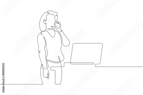 Continuous one line drawing businesswoman talking on the phone. Woman working with laptop. Working on computer. Negotiations. One continuous line isolated minimal illustration.