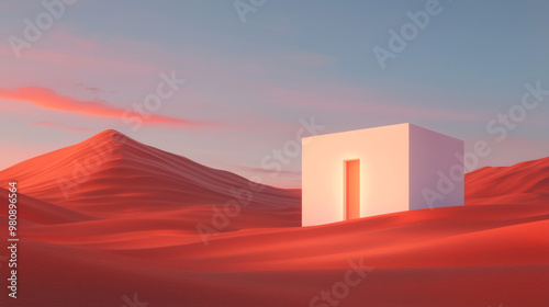 Surreal landscape with a minimalist white structure in a vast, red desert under a colorful sky at dusk.