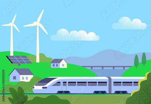 High speed train drives through beautiful landscape. Cartoon flat vector illustration