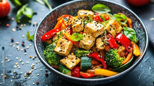 Stir-fried tofu and veggies with sesame seeds