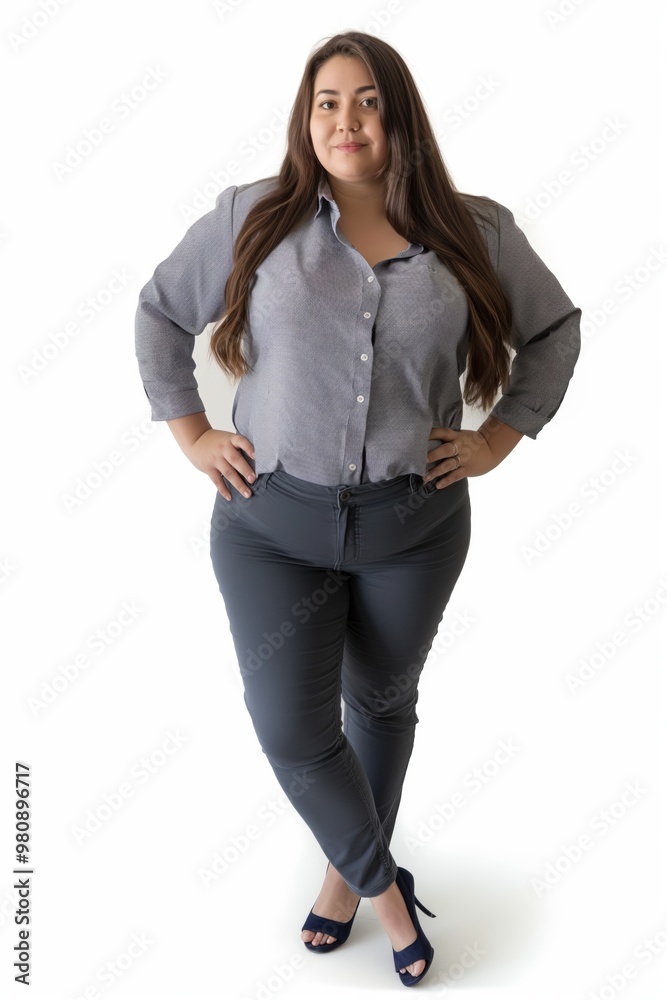 A woman in a gray and black shirt and gray pants is posing for a picture. She is wearing high heels and has her arms crossed. Concept of confidence and self-assurance