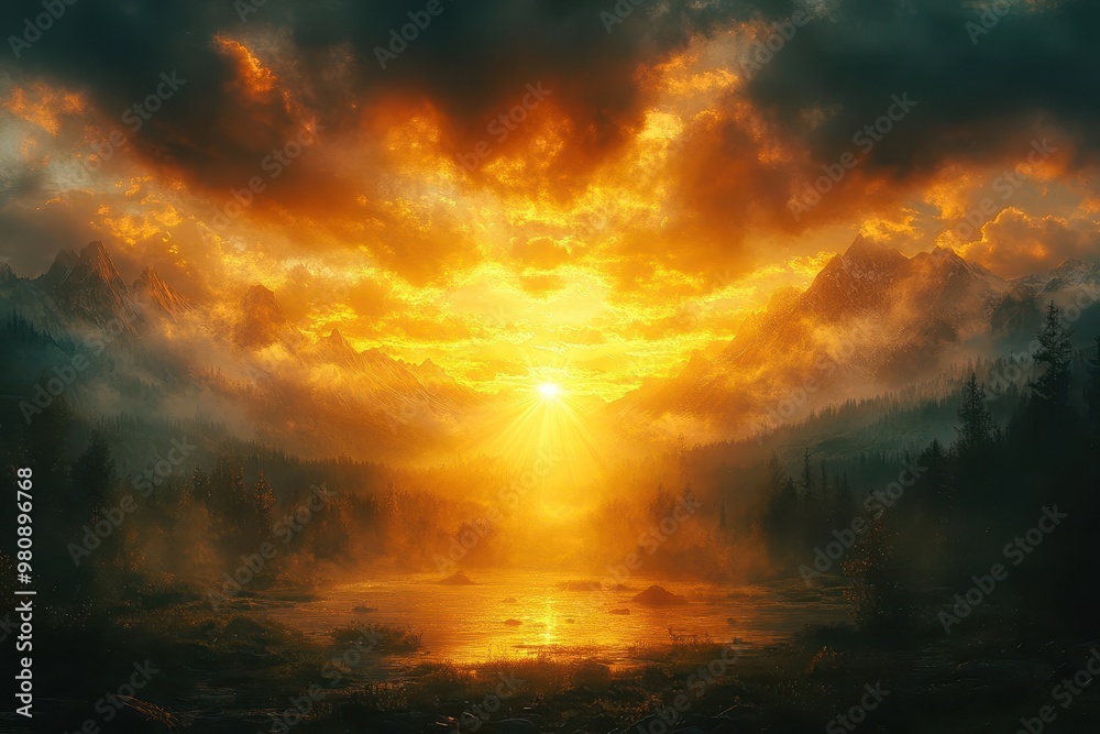 majestic sunbeam piercing through storm clouds golden light illuminating a misty landscape divine radiance symbolizing hope and transcendence majestic sunbeam piercing through storm clouds golden light illuminating a misty landscape divine radiance symbolizing hope and transcendence