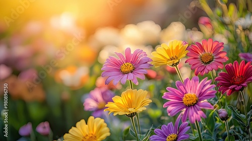 A vibrant assortment of daisies in shades of pink, yellow, and red bloom under warm sunlight in a lush garden setting. 