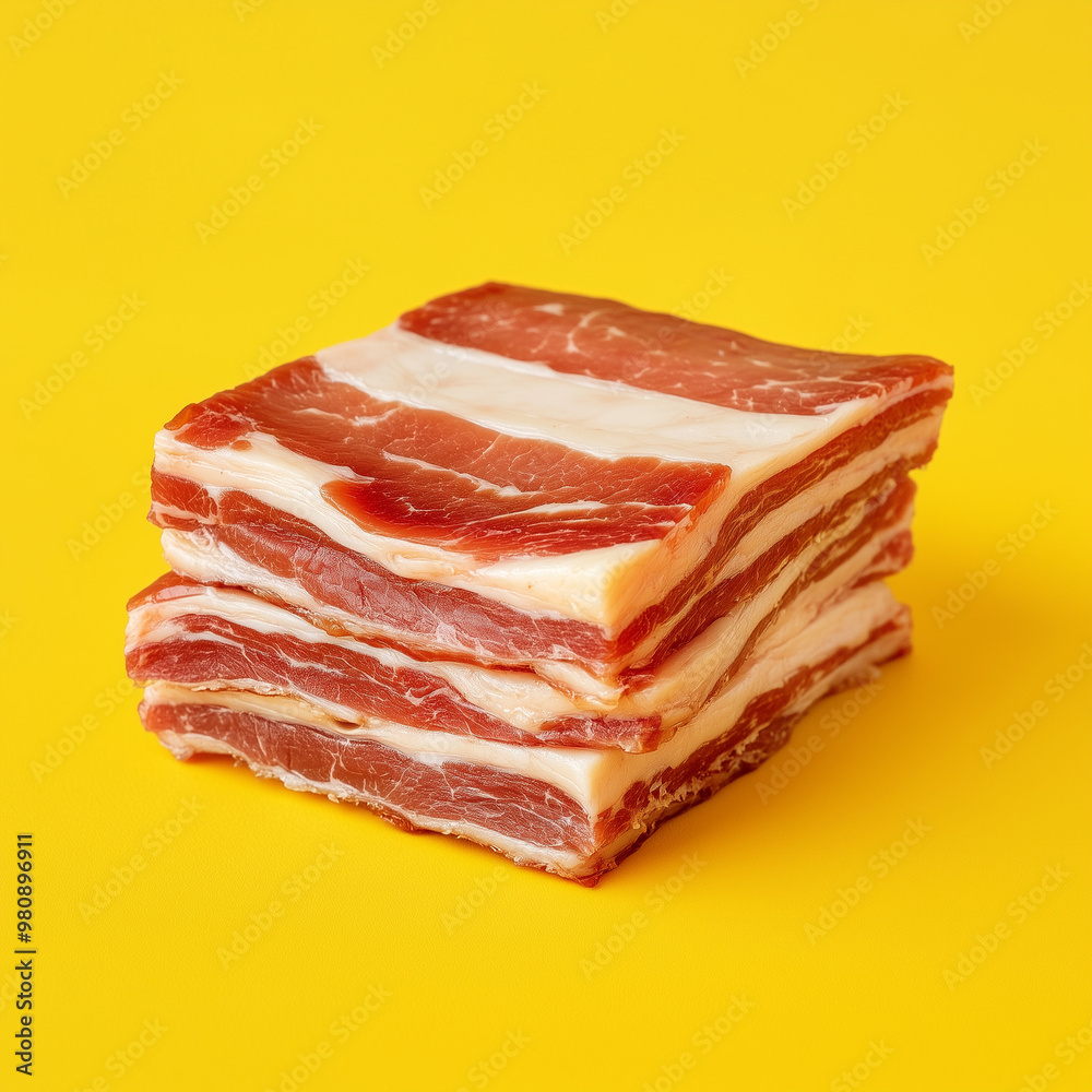 Thick Slices of Raw Bacon on Yellow Background