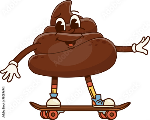 Cartoon groovy poop character happily riding a skateboard. Funny poo excrement personage, happy toilet shit emoticon skater boy. Isolated vector humorous, playful and quirky poop with carefree spirit