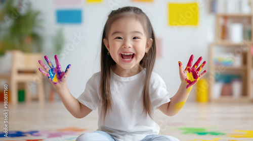 A happy little girl sitting on the floor surrounded by colorful paints, making handprints and experimenting with colors. Her excitement is evident as she creates her colorful maste photo