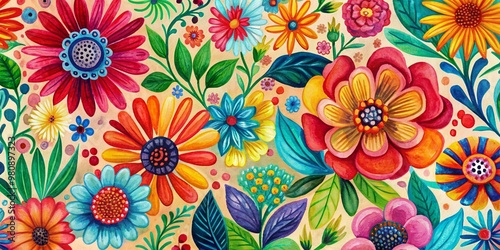 Vibrant abstract hand-drawn flower art seamless pattern illustration featuring acrylic paint nature-inspired floral design in vintage art style for spring season print.