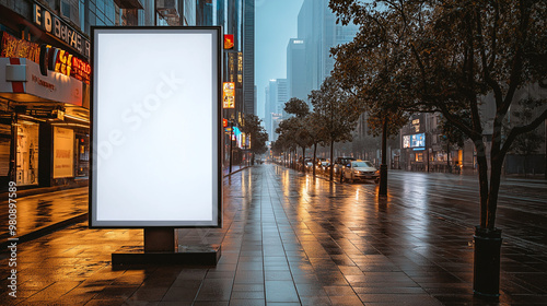 Blank White Billboard Stand Mockup on Rainy City Sidewalk