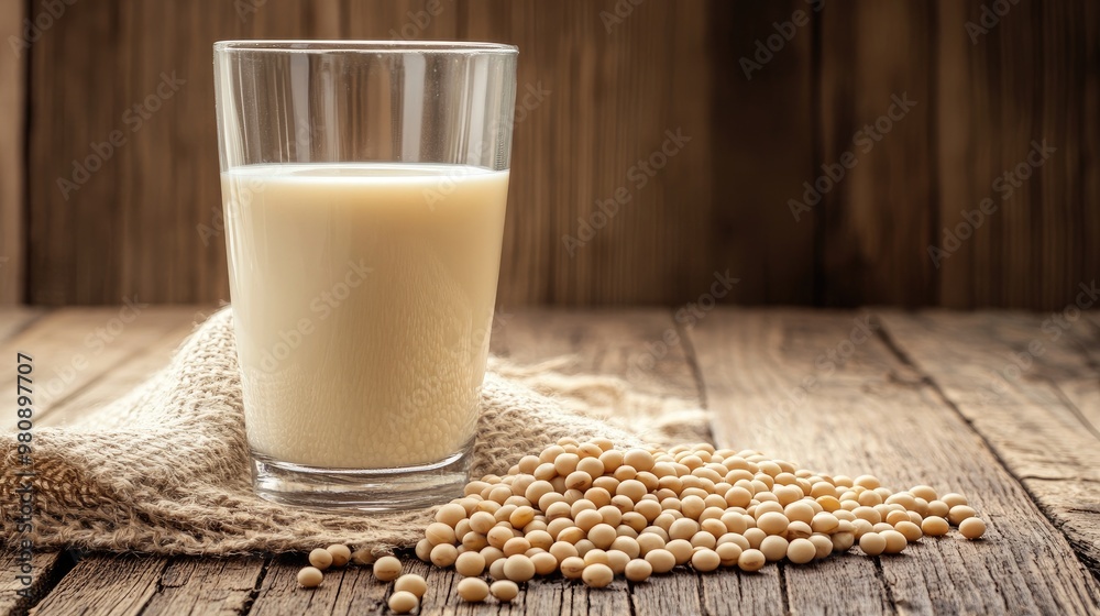 A rustic wooden table with a fresh glass of milk and a handful of soybeans, symbolizing wholesome nutrition and healthy living. A rustic wooden table with a fresh glass of milk and a handful of soybeans, symbolizing wholesome nutrition and healthy living.