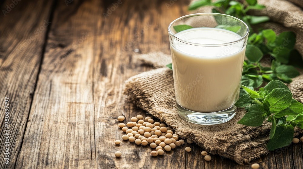 A rustic wooden table with a fresh glass of milk and a handful of soybeans, symbolizing wholesome nutrition and healthy living. A rustic wooden table with a fresh glass of milk and a handful of soybeans, symbolizing wholesome nutrition and healthy living.