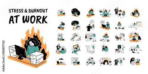 Cartoon Color Stress and Burnout at Work Concept Set Flat Design Style. Vector illustration of Scenes with Exhausted Women, Men and Mental Overload