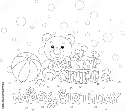 Happy birthday card with a funny toy teddy bear, a fancy holiday cake, a striped ball and sweets, black and white vector cartoon illustration for a coloring book