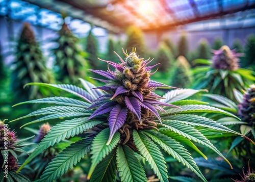 Vibrant green and purple tinted cannabis sativa flower bud blooms in a controlled greenhouse environment, showcasing intricate details and delicate textures on a soft focus background.