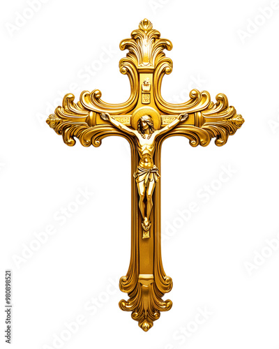 Christian gold cross, Transparent background