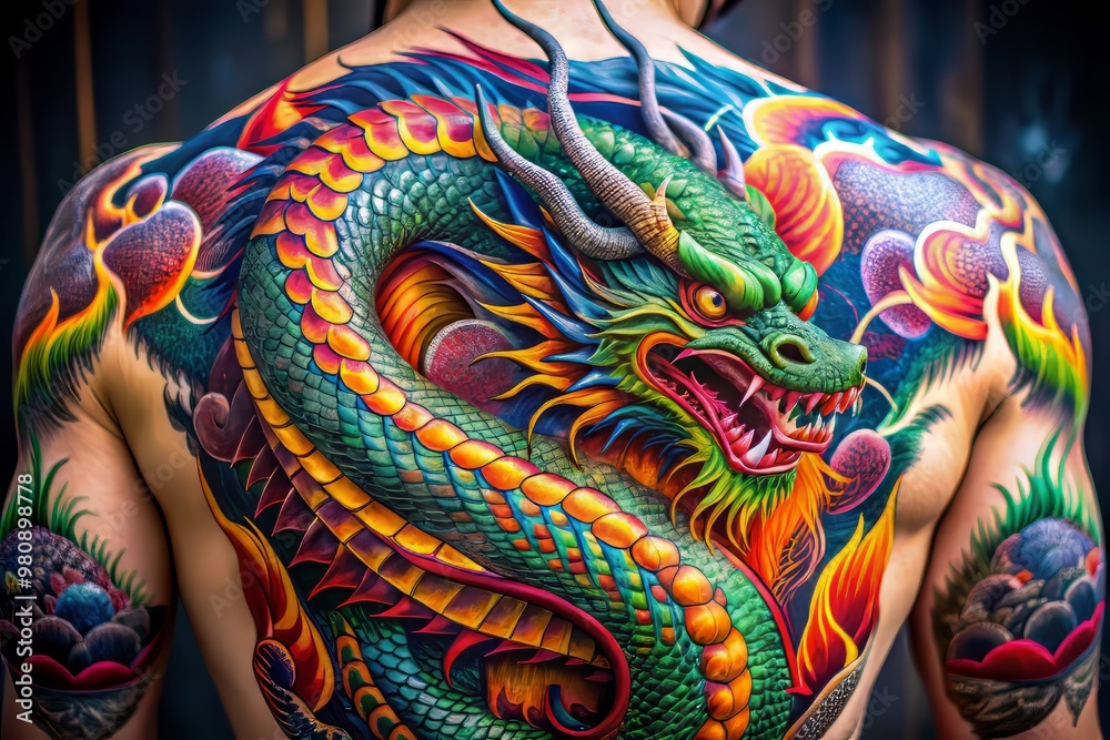 Obraz premium Intricate Dragon Tattoo Design with Bold Lines and Artistic Details for Body Art Inspiration