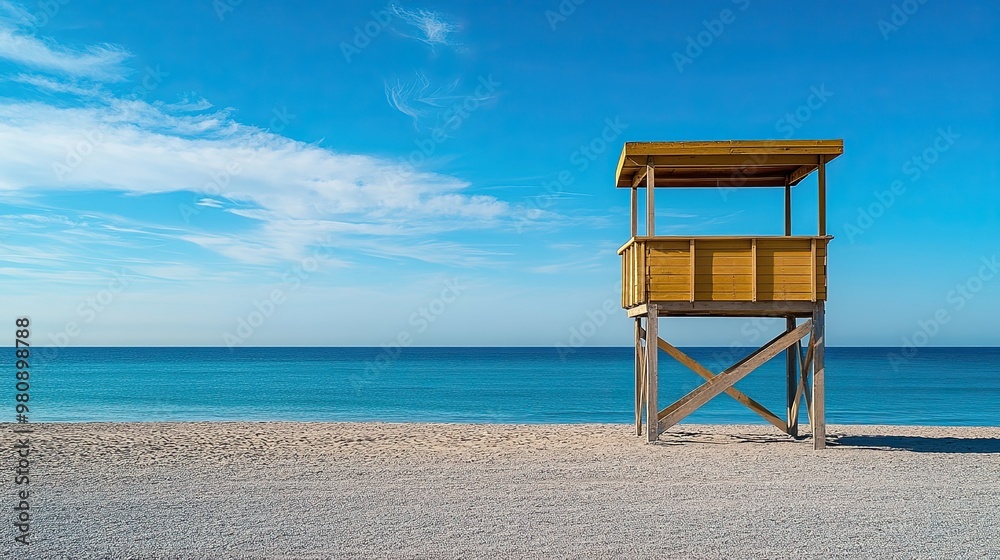 A solitary yellow lifeguard tower stands on an empty beach, overlooking calm blue ocean waters under a clear, bright sky.
A solitary yellow lifeguard tower stands on an empty beach, overlooking calm blue ocean waters under a clear, bright sky.
