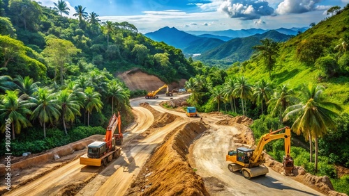 Heavy machinery excavates and paves a winding road through lush greenery in Abra de Illog, Puerto Galera, as photo