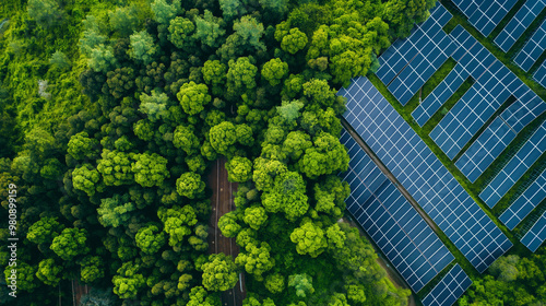 Aerial view of solar panels in forest, showcasing innovative design and sustainable green energy production.