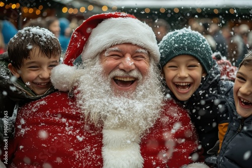 Santa Claus, amid a snowfall, bursts into joyous laughter with two children, creating a vibrant and lively holiday atmosphere filled with magic and cheerful energy.